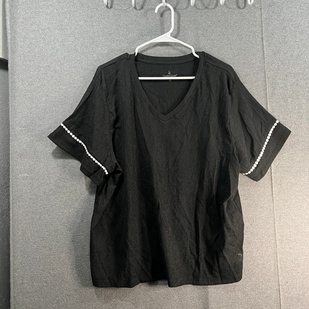 Cuddl Duds Casual T Shirt Ladies Crepe Knit V-neck Top Black Size 2X